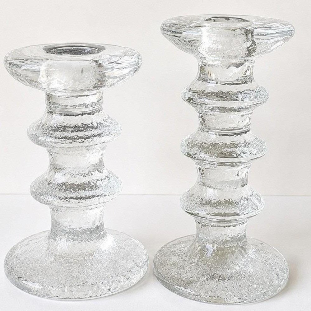 Scandinavian Ice Glass Candle Holders Pair Heavy Textured Block Glass MCM - Picture 2 of 6
